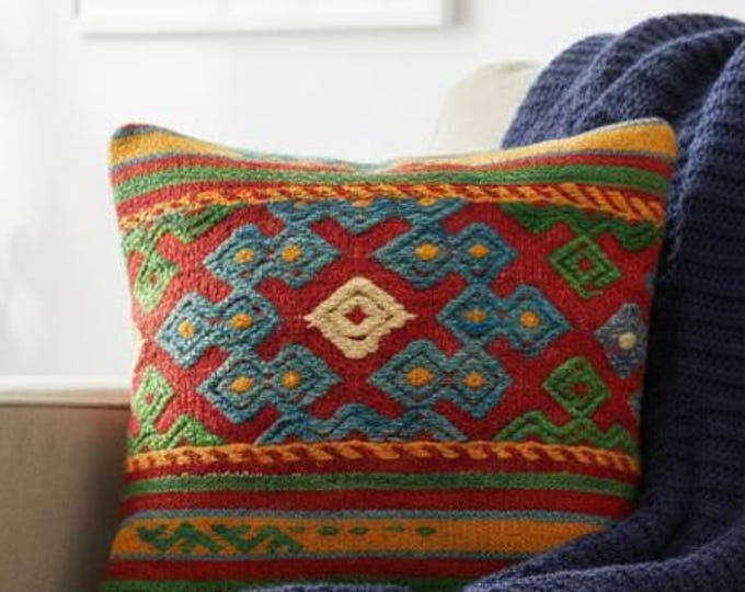 Colorful Kilim Pillow Cover 16x16 | Red Blue Green Wool Cushion | USA Stock
