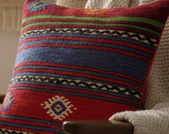 Colorful 16” Tribal Kilim Cushion, Red Blue Striped Boho Wool Decor