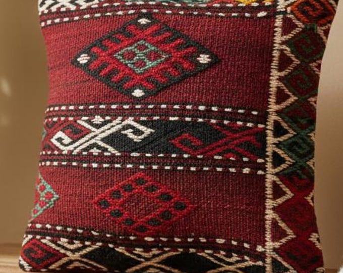 16” Turkish Kilim Cushion, Red Tribal Geometric Handmade Accent