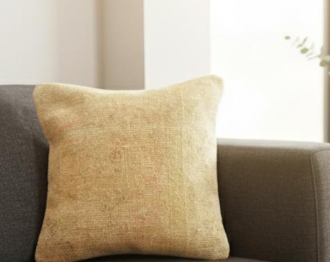 16x16 inch Handwoven Wool Pillow | Turkish Rug Cushion Cover | Farmhouse Rustic Home Decor