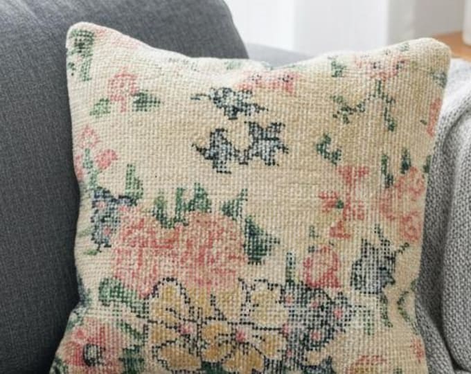 16x16 Vintage Rug Pillow Cover – Luxury Turkish Wool Cushion, Farmhouse Boho Decor, Free Worldwide