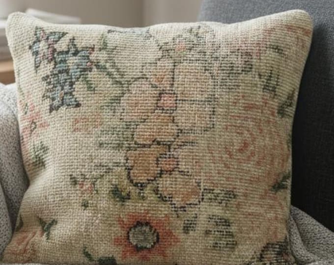 16x16 Vintage Rug Pillow Cover – Luxury Turkish Wool Cushion, Farmhouse Boho Decor