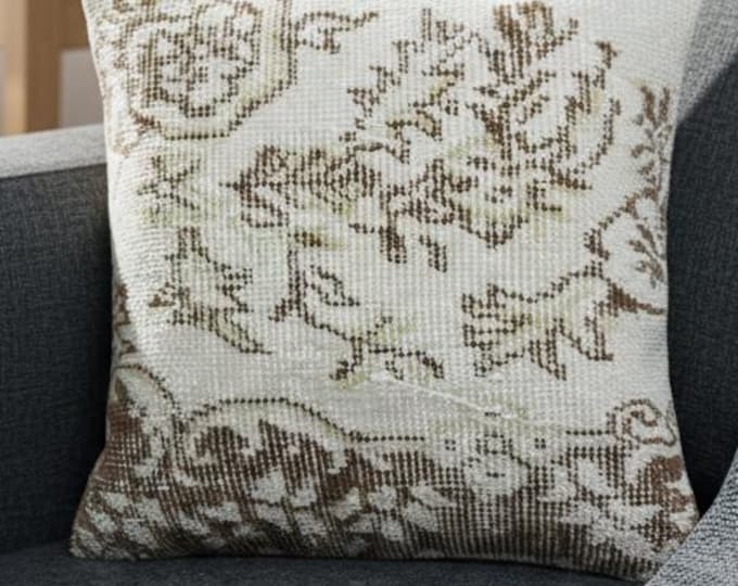 Vintage Handwoven Kilim Pillow Cover: Beige Brown Turkish Rug Cushion (16x16)