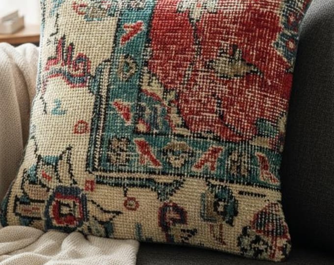16x16 Vintage Rug Pillow Cover – Luxury Turkish Wool Cushion, Farmhouse Boho Decor