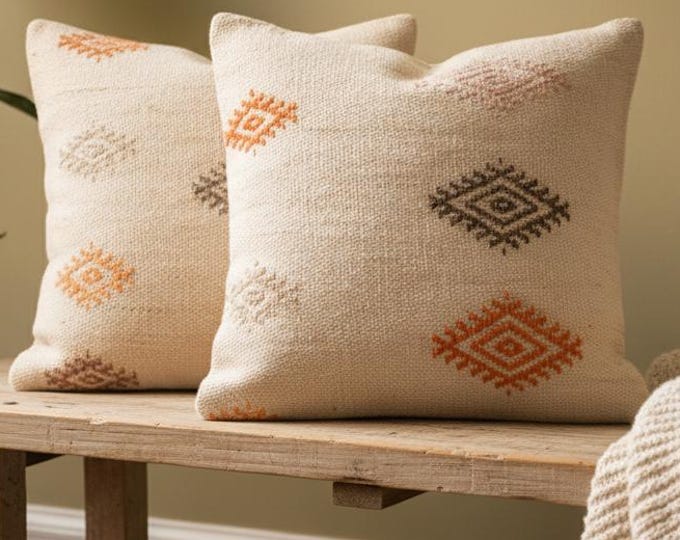 2-Piece 16” Kilim Cushion Set, Beige Tribal Handmade Boho Decor