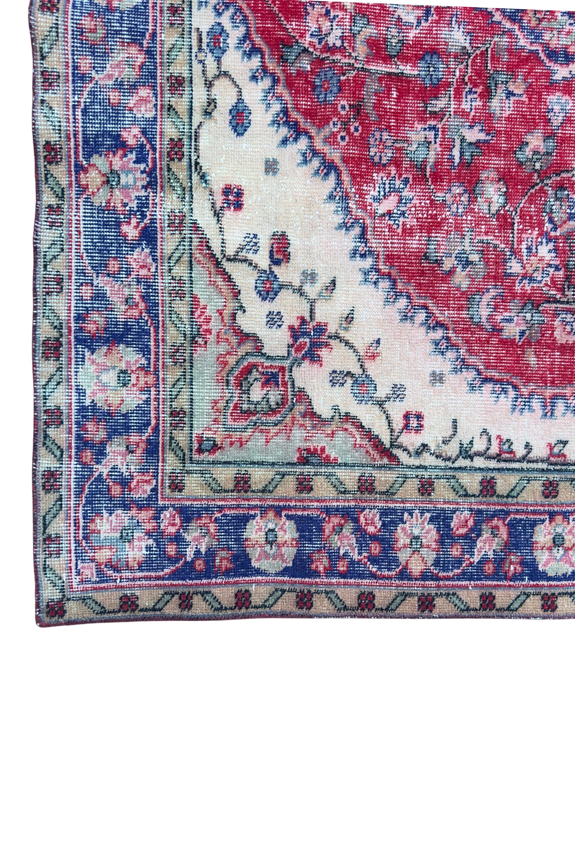 Vintage Turkish Area Rug, Hand-Knotted Wool Medallion, Faded Crimson Red Navy, 6x9 ft – view 10