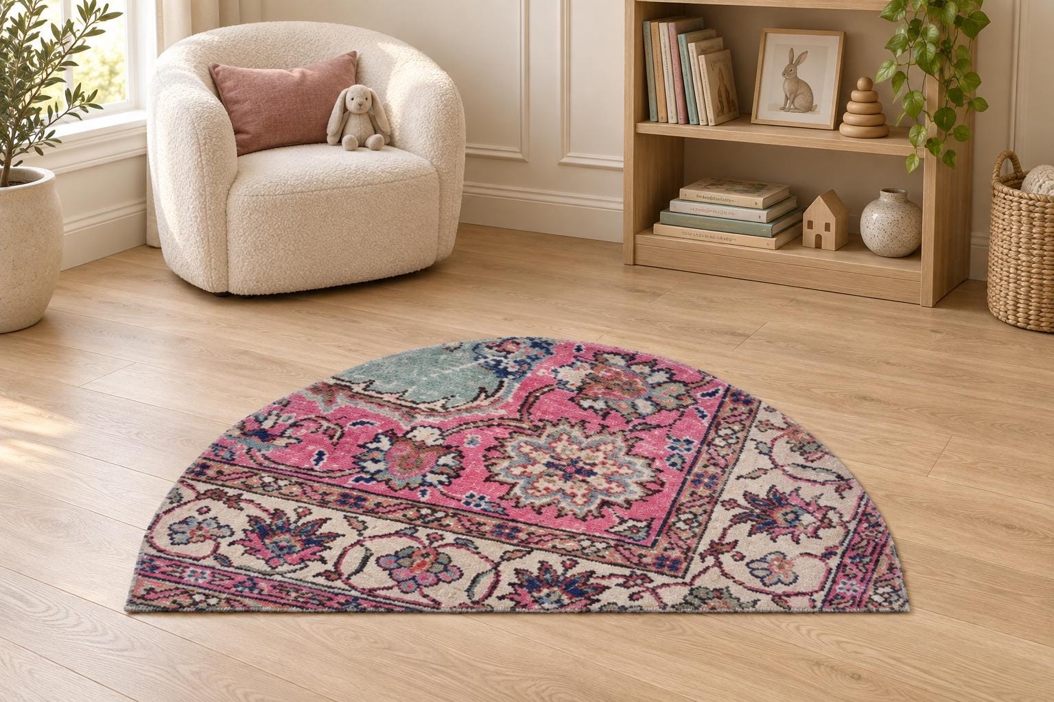 Half Moon Rug, Vintage Turkish Doormat, Pink Floral Medallion, Hand-Knotted, Entryway Rug, 19x30 in