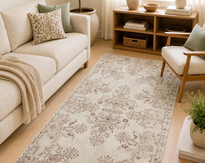 Turkish Area Rug, Vintage Isparta Handwoven Wool Floral, Distressed White Brown, 3.5x6.7 ft