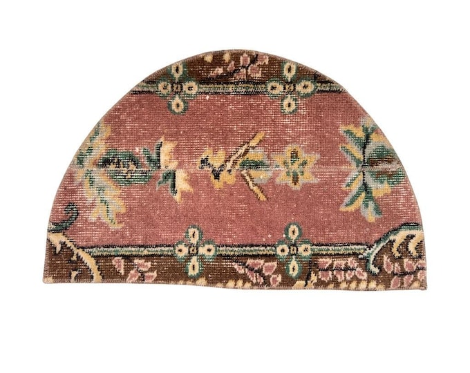 Vintage Patchwork Semicircle Rug 18x29 Inch Hand Knotted Wool Half Moon Rug