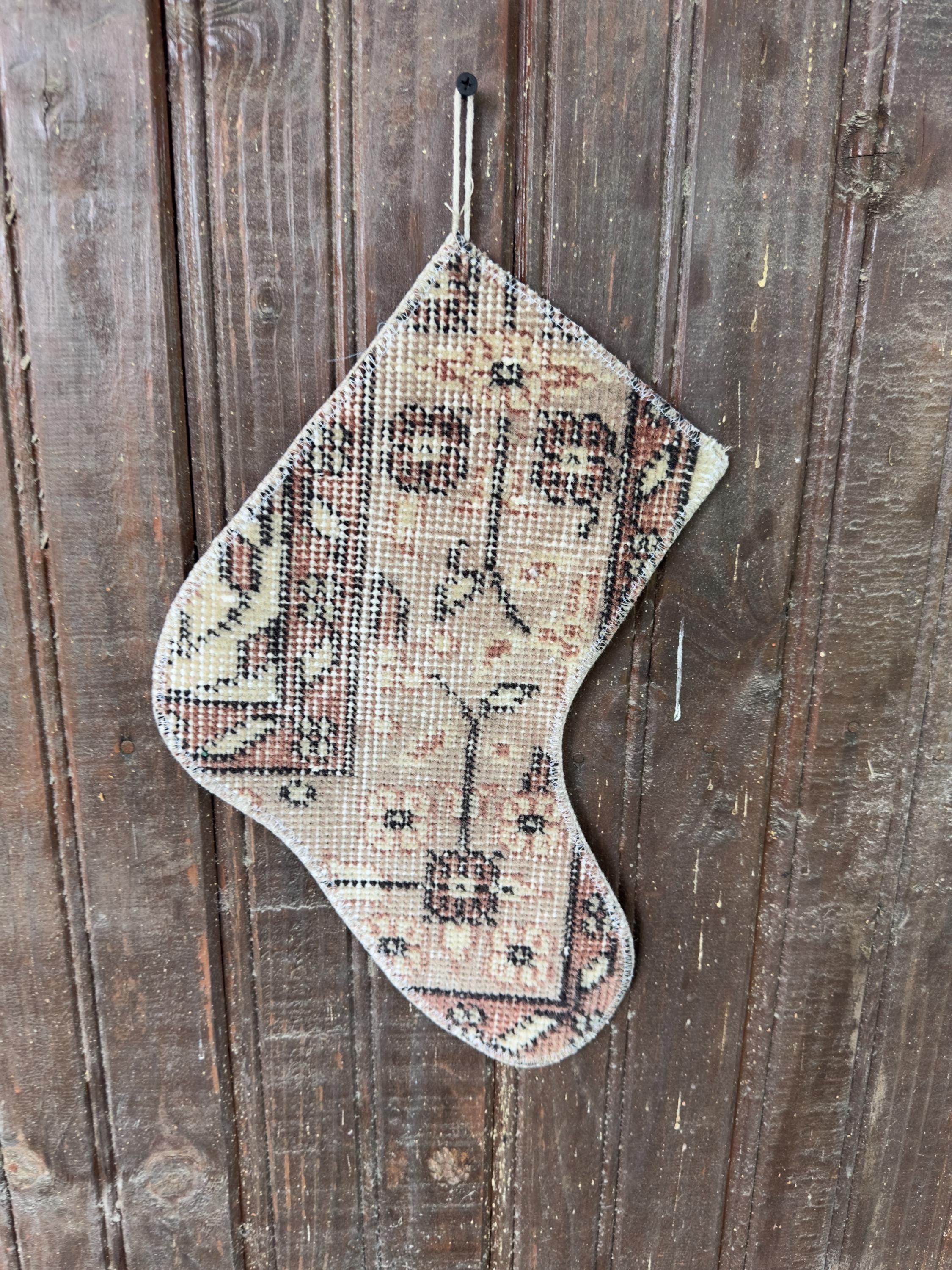 Vintage Turkish Rug Christmas Stocking, Faded Floral Medallion, Cream Peach Terracotta Brown, 10.6x12.6 in – view 3