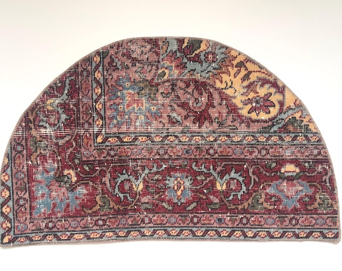 Vintage Turkish Semicircle Rug 20x33 Inch Handwoven Wool Entryway Mat