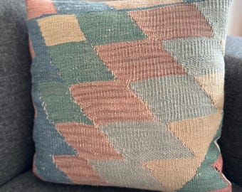Kilim Pillow Cover 16x16, Colorful Vintage Turkish Rug, Handmade Boho Wool Cushion