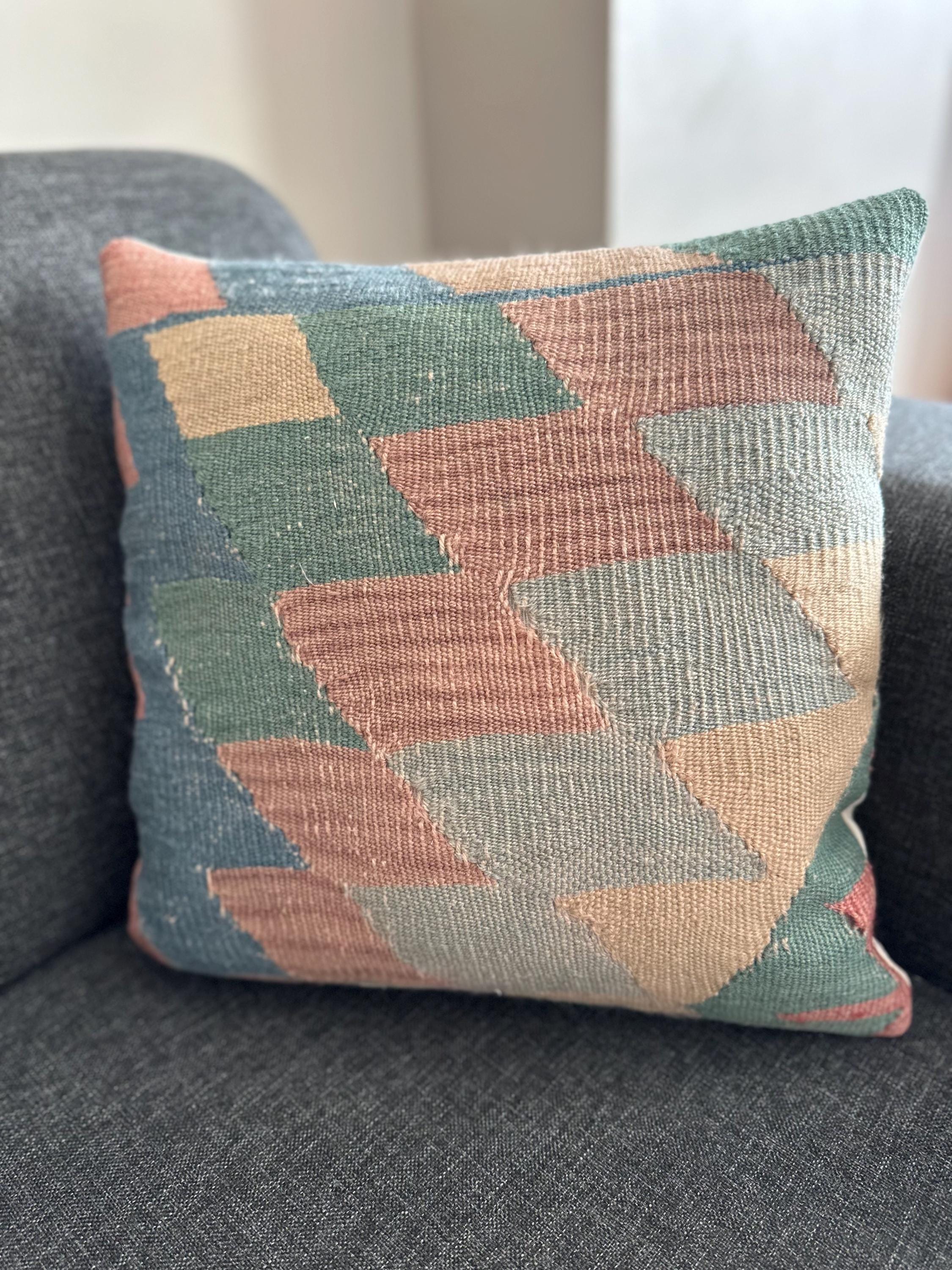 Kilim Pillow Cover 16x16, Colorful Vintage Turkish Rug, Handmade Boho Wool Cushion