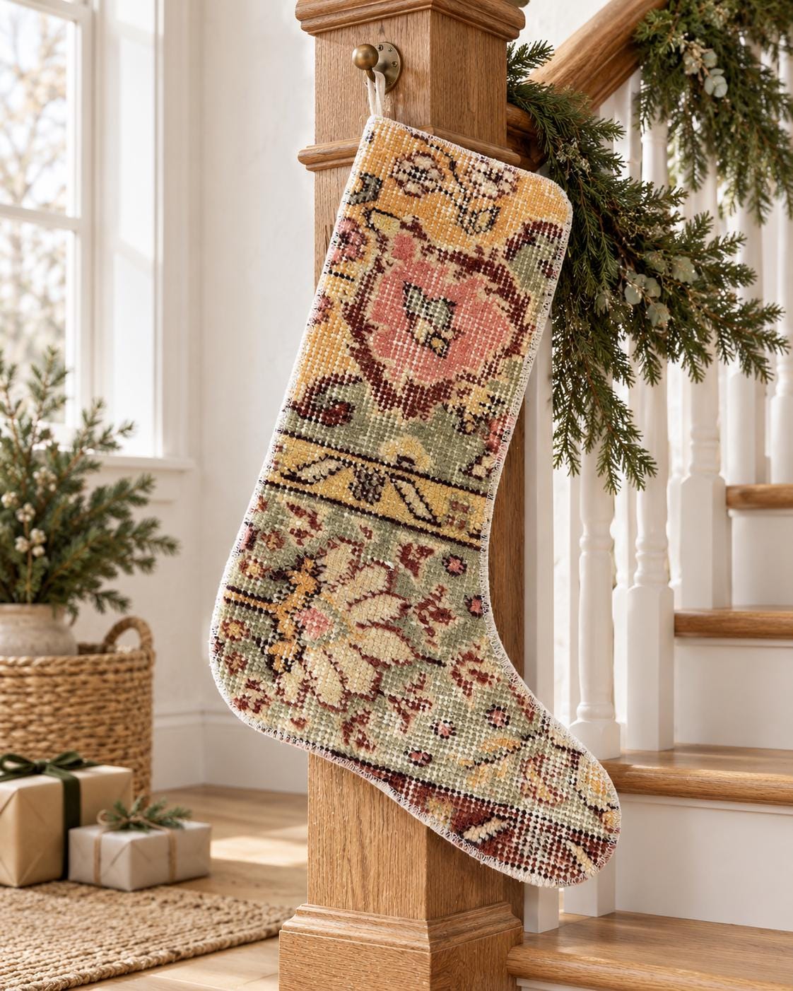 Vintage Turkish Rug Christmas Stocking, Farmhouse Floral Medallion, Mustard Pink Sage, 12.2x18.5 in – view 2