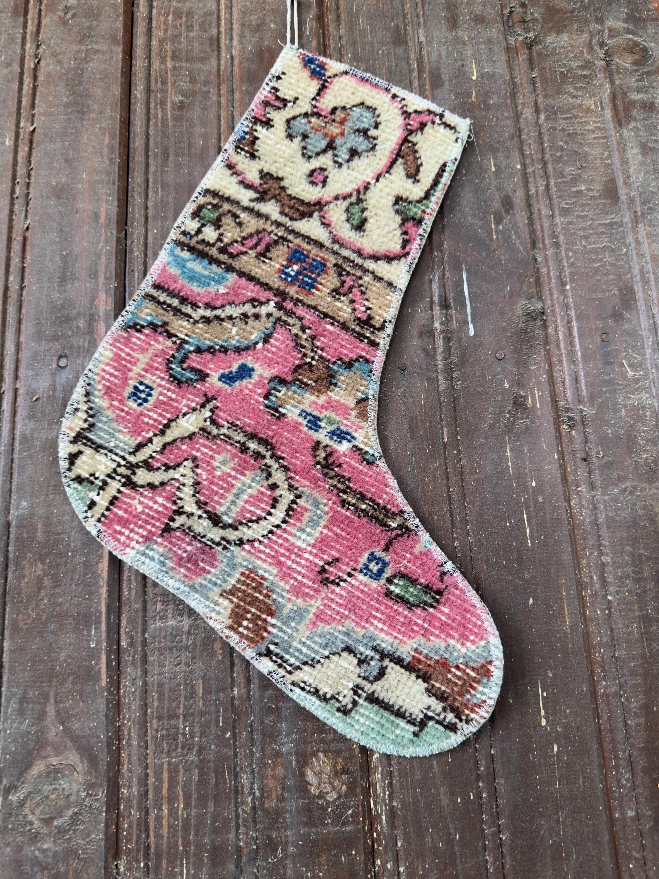 Vintage Turkish Rug Christmas Stocking, Rose Pink Floral Medallion, Cream Taupe Blue, 12.2x14.6 in – view 4