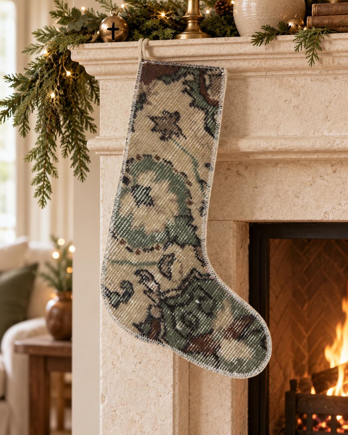 Vintage Turkish Rug Christmas Stocking, 32x47 cm, Sage Cream Brown, Floral Pattern
