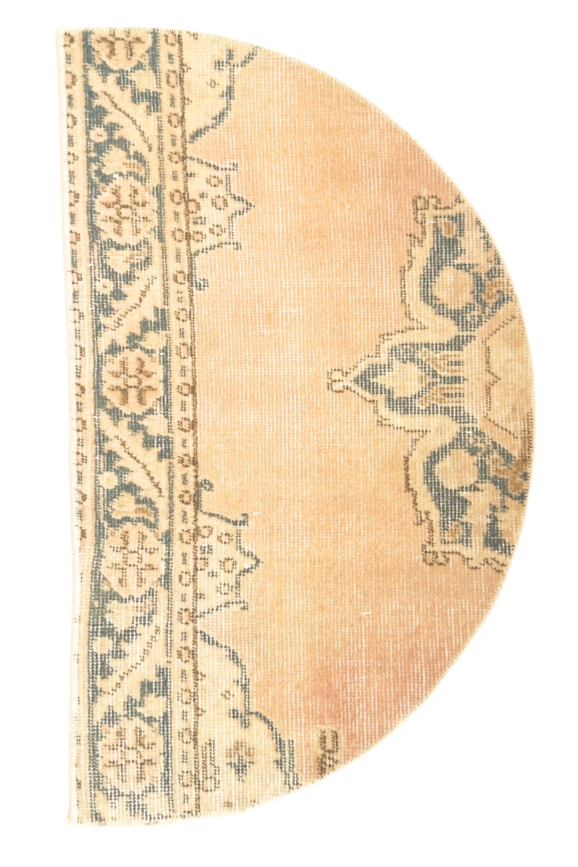 Vintage Turkish Semicircle Rug, Handwoven Wool Medallion, Peach Apricot Teal, 1.6x2.75 ft – view 6