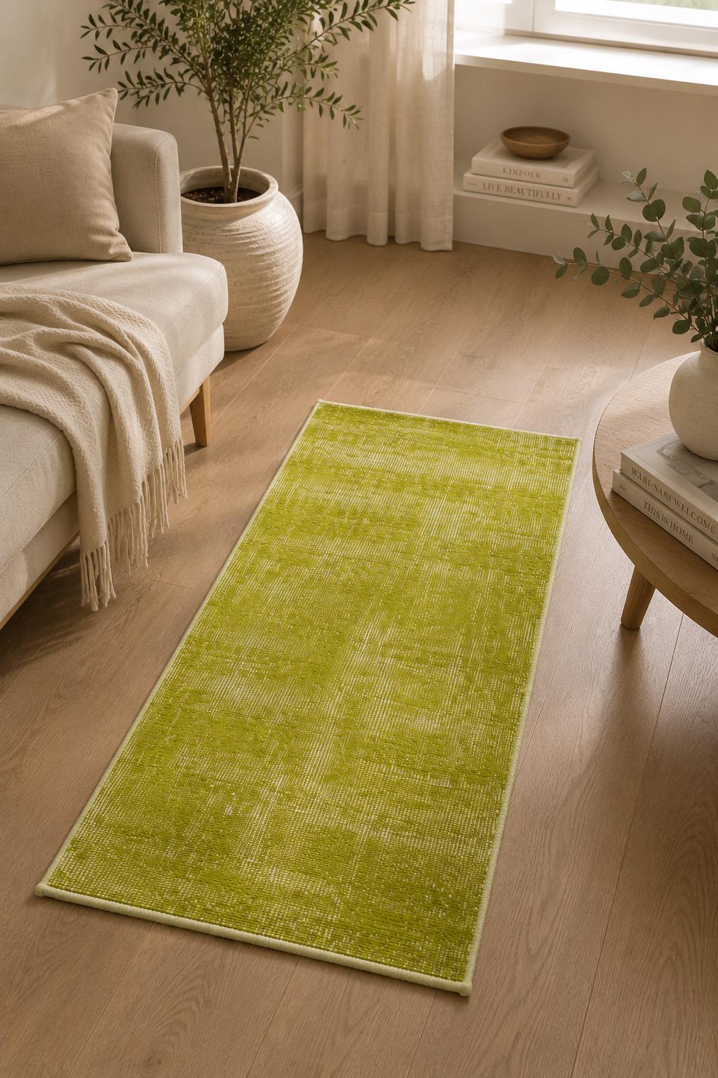 Vintage Turkish Mosque Rug, Handwoven Wool Solid Green, Sacred Lime Chartreuse, 2.3x5.1 ft