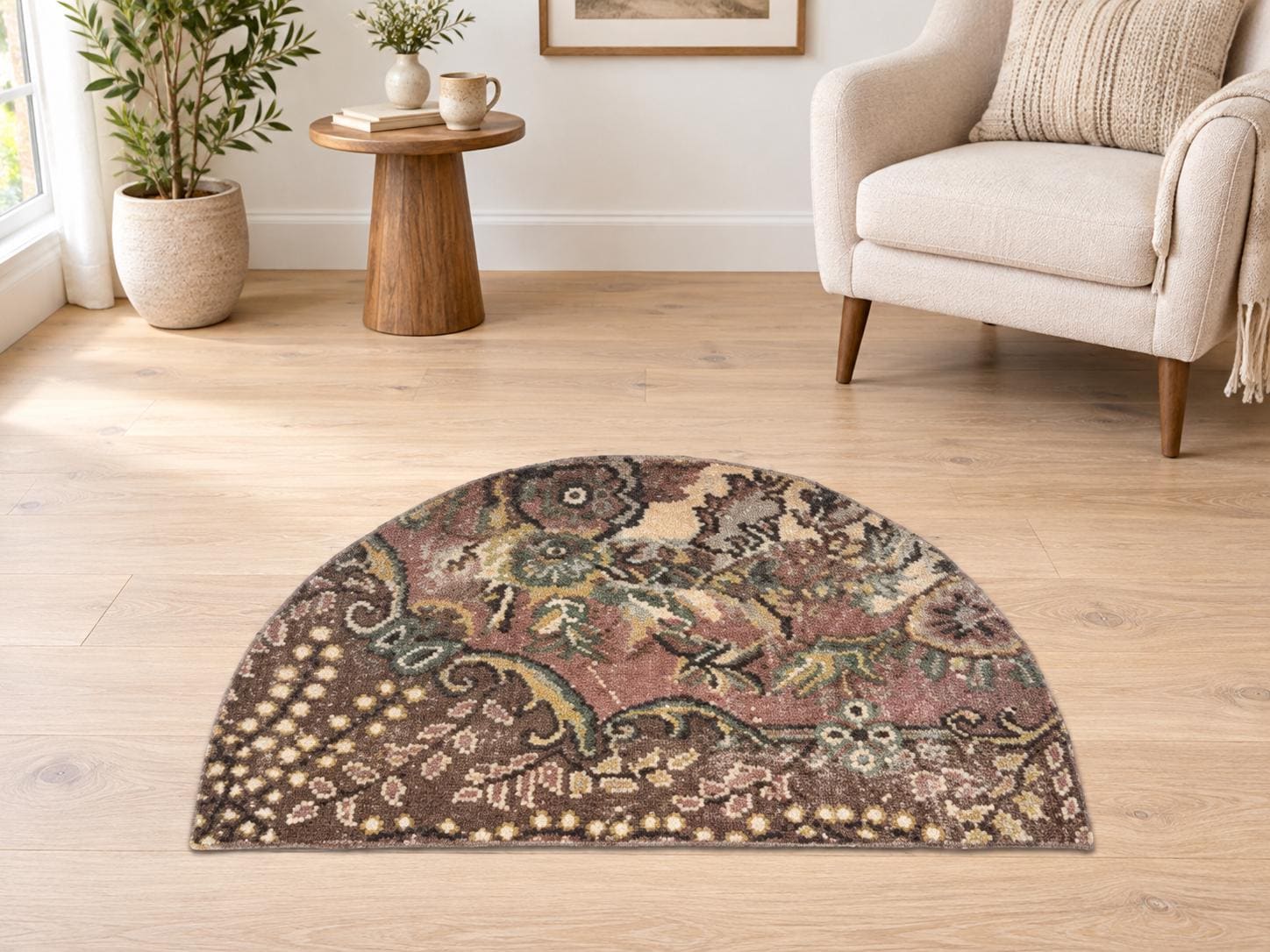 Vintage Turkish Semicircle Rug, Half Moon Doormat, Brown Rose Green, Entryway Rug, 20x33 in