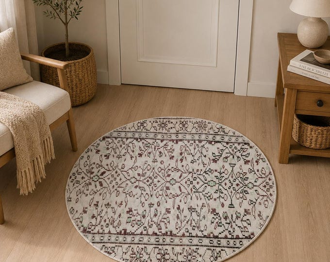 Round Area Rug, Vintage Demirci Handwoven Wool Circle, Distressed Ivory Burgundy Mint, 3.4 ft