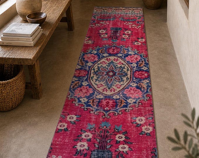 Vintage Turkish Isparta Wool Runner Rug 2.6x8.6 ft | Red Medallion Handmade Anatolian Carpet