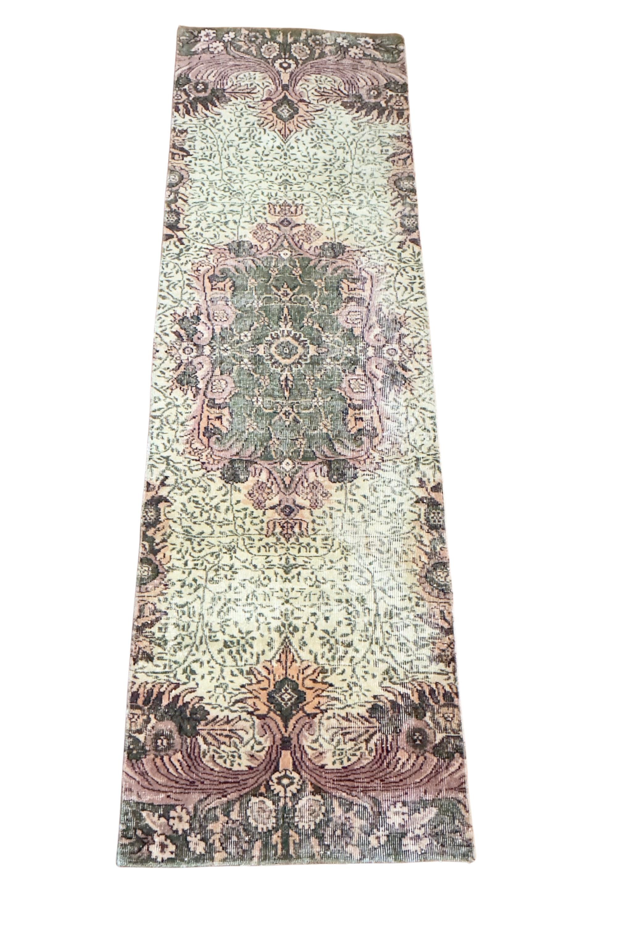 Vintage Turkish Isparta Runner Rug, Hand-Knotted Wool Medallion, Faded Sage Mauve, 78x247 cm – view 4