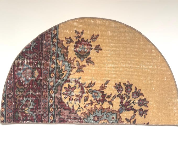 20x33 Inch Vintage Semicircle Rug Turkish Wool Floral Entryway Mat