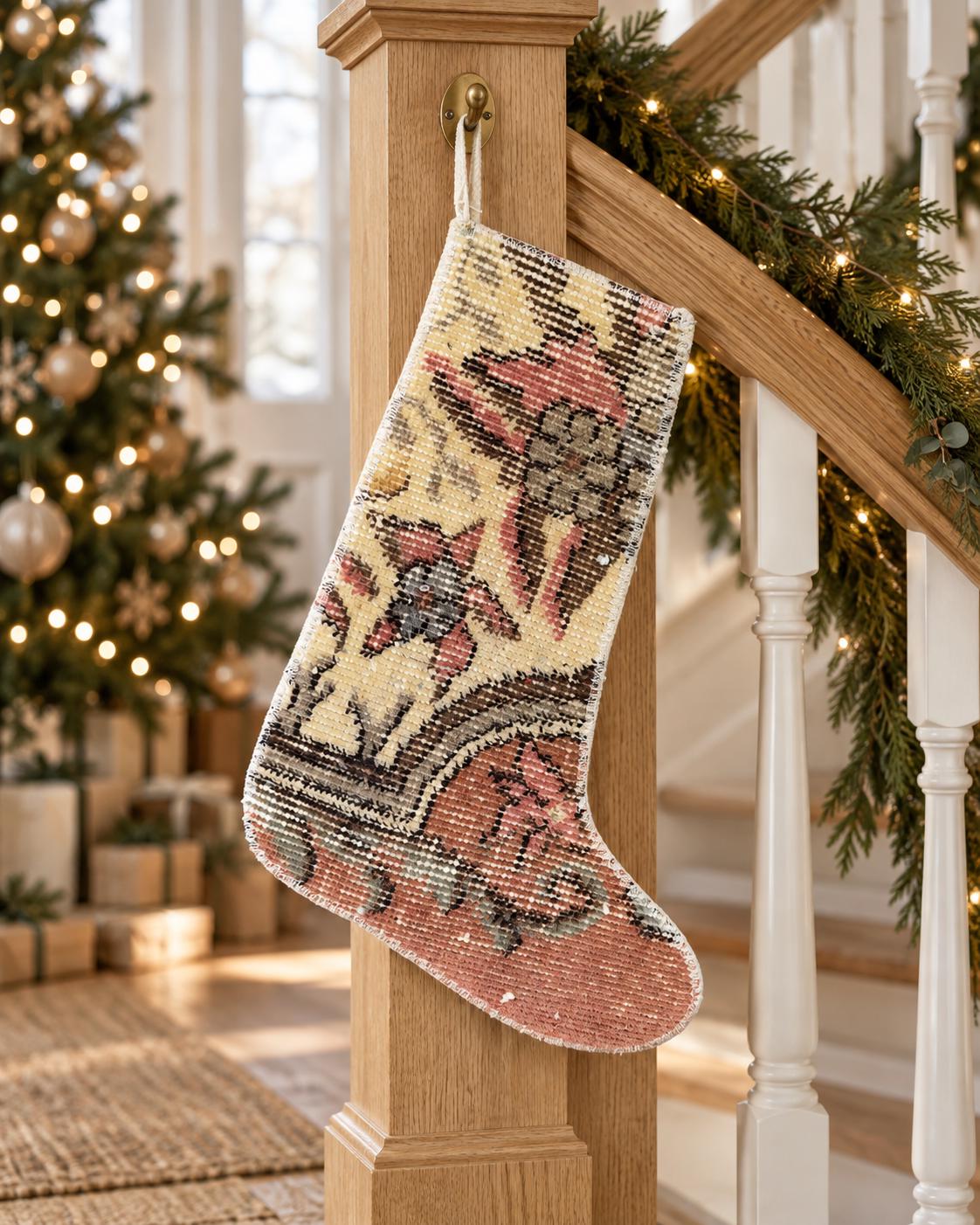 Vintage Turkish Rug Christmas Stocking, Faded Rose Floral, Cream Taupe Terracotta Sage, 12.6x15.0 in
