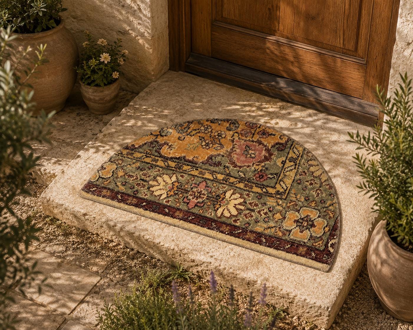 Vintage Turkish Semicircle Rug, Handwoven Wool, Amber Gold Sage Green Pink Rose, 1.5x2.5 ft – view 3