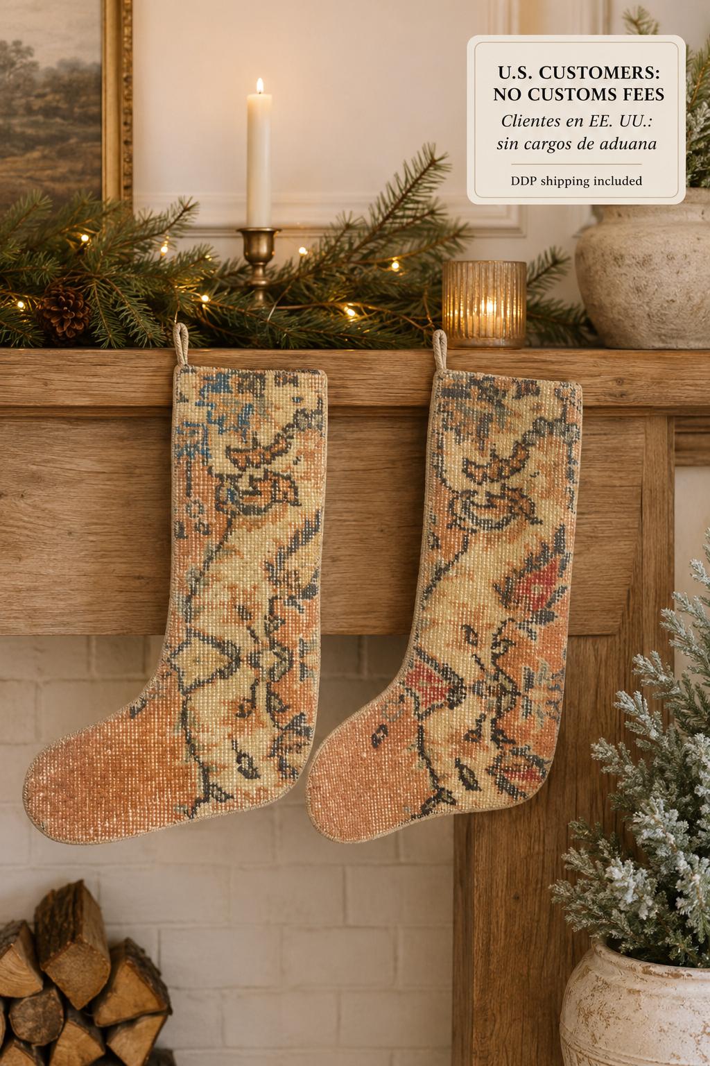 Set of 2 Vintage Turkish Rug Christmas Stockings, Boho Wool Fireplace Decor
