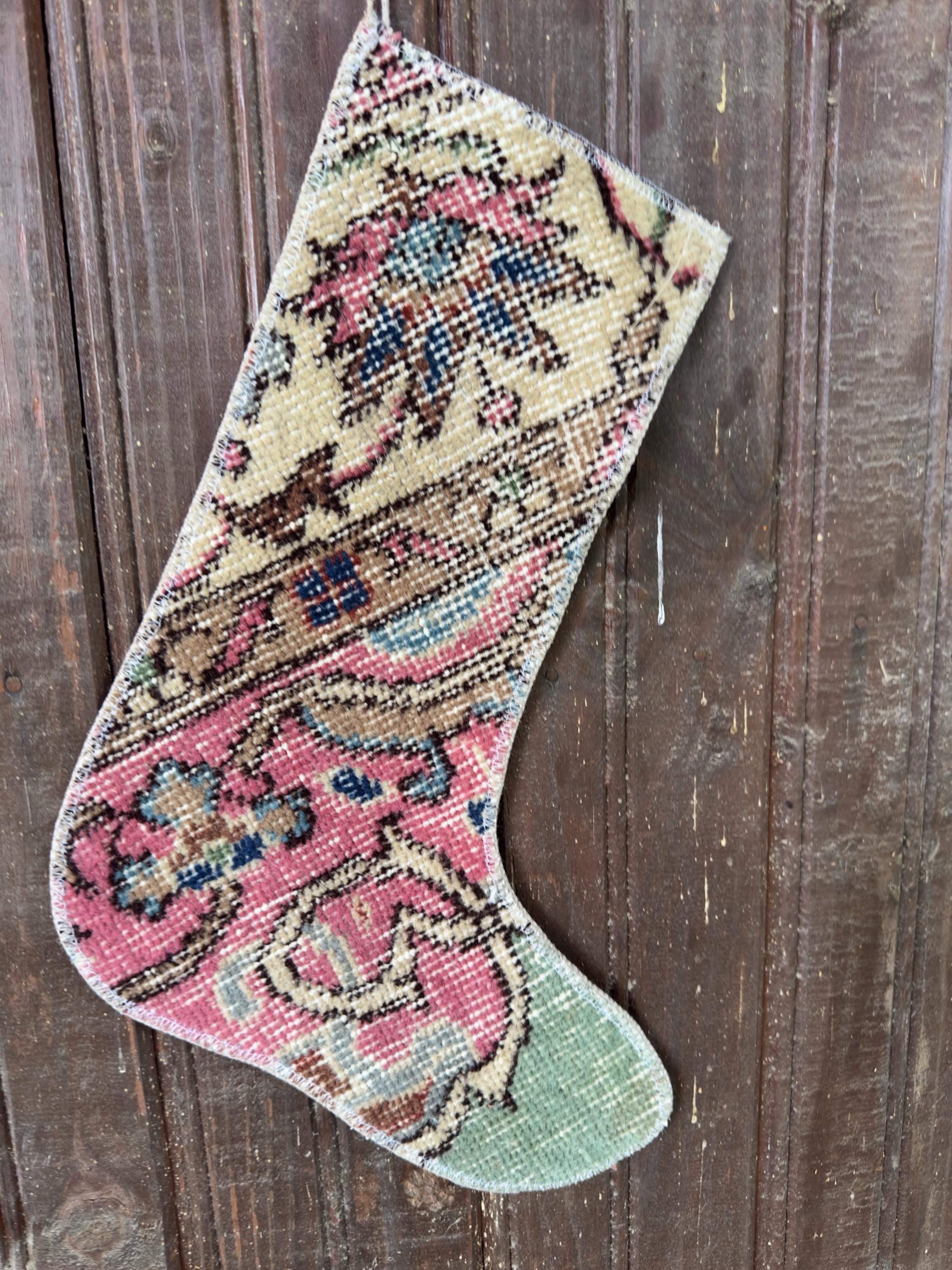 Christmas Stocking, Vintage Turkish Rug, Floral Cream Pink Taupe Mint Green, 16 in in cream, pink, green, left-side pattern detail