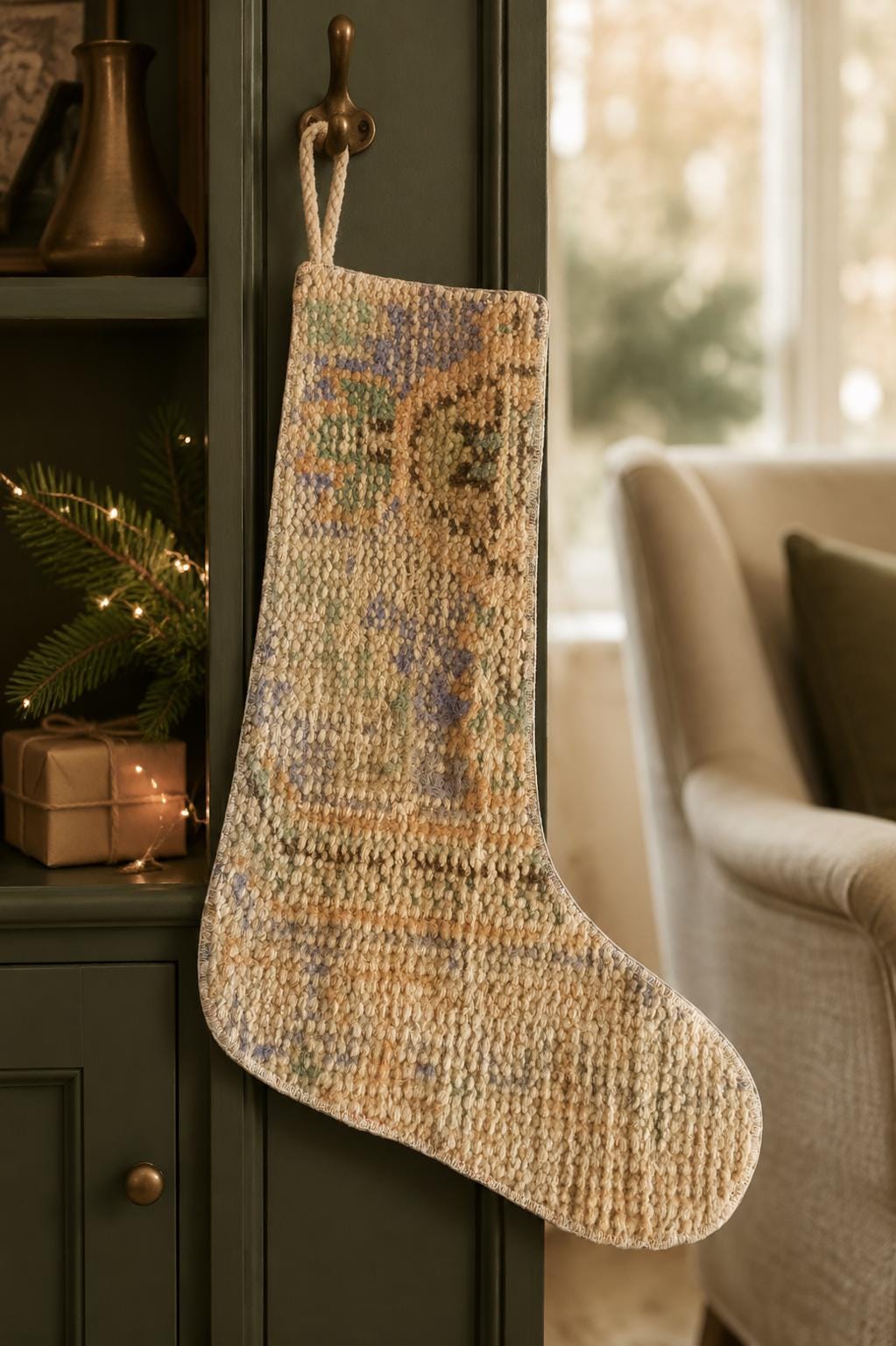 Turkish Rug Christmas Stocking, Handmade Vintage Anatolian Wool, Boho Fireplace Decor, Sage Green Mustard