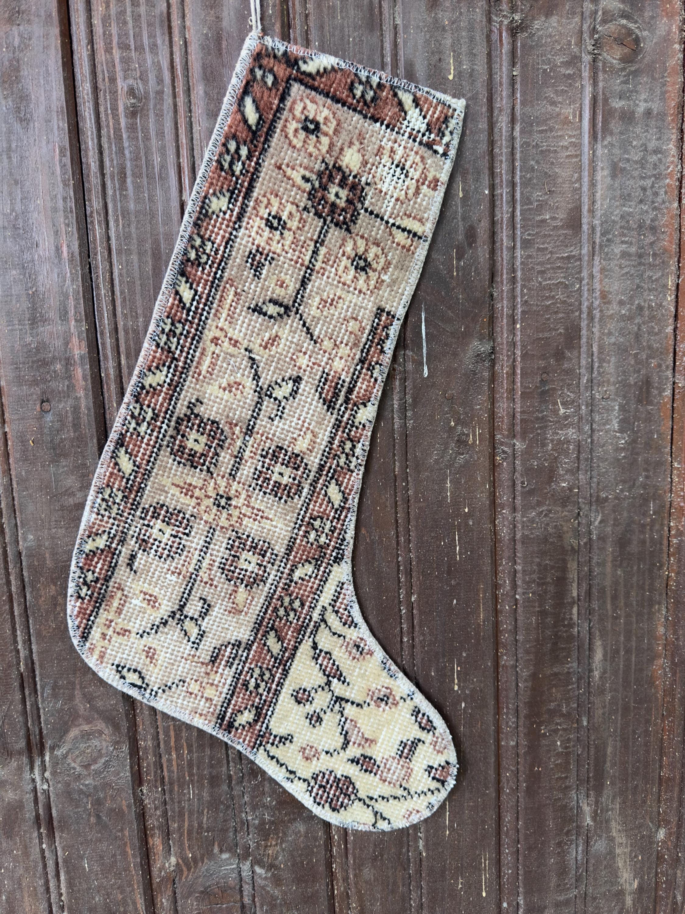 Vintage Turkish Rug Christmas Stocking, Soft Beige Floral Border, Cream Rust Terracotta, 13.4x18.5 in – view 6