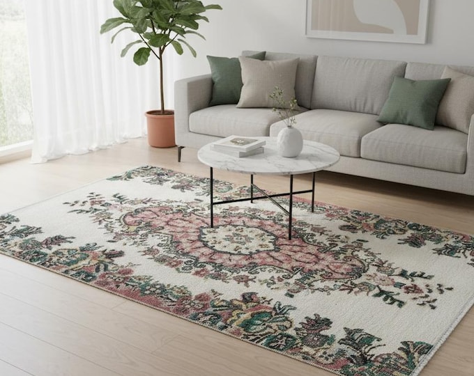 120x172 cm Handwoven Floral Wool Rug | Unique Beige Pink Brown Green Turkish Rug