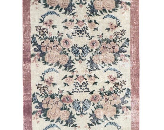 Vintage Turkish Isparta, Hand Knotted Wool, Floral Pink Ivory, Oushak Style, Bohemian Home Decor, 3x7 Anatolian