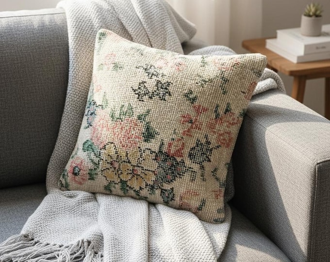 16x16 Vintage Rug Pillow Cover – Luxury Turkish Wool Cushion, Farmhouse Boho Decor, Free Worldwide