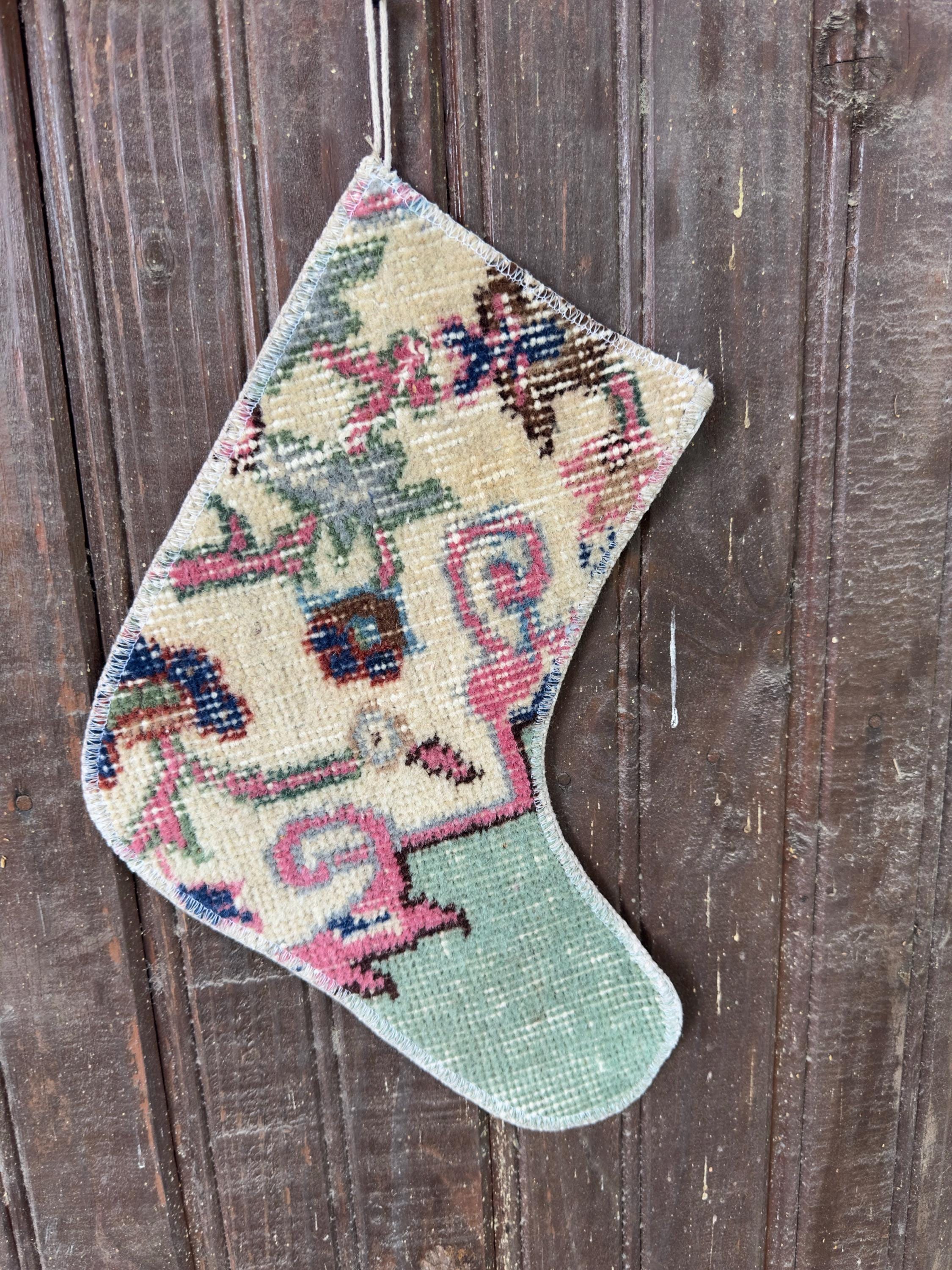 Christmas Stocking, Vintage Turkish Rug, Floral Ivory Pink Mint Green, 11 in in ivory, pink, green, finished edge detail