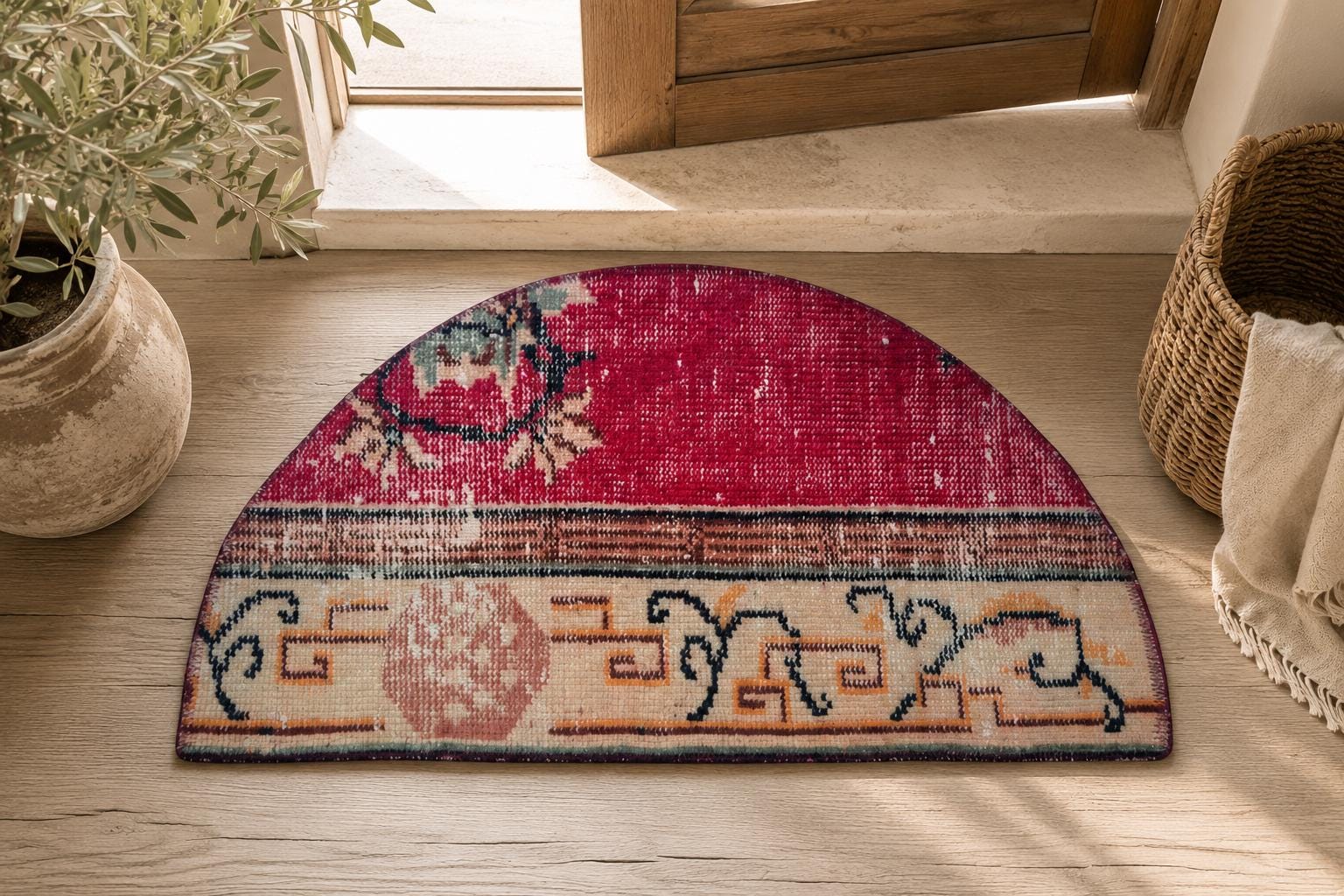 Vintage Turkish Semicircle Rug, Hand-Knotted Wool Chinese Medallion Floral, Crimson Red, 1.5x2.5 ft