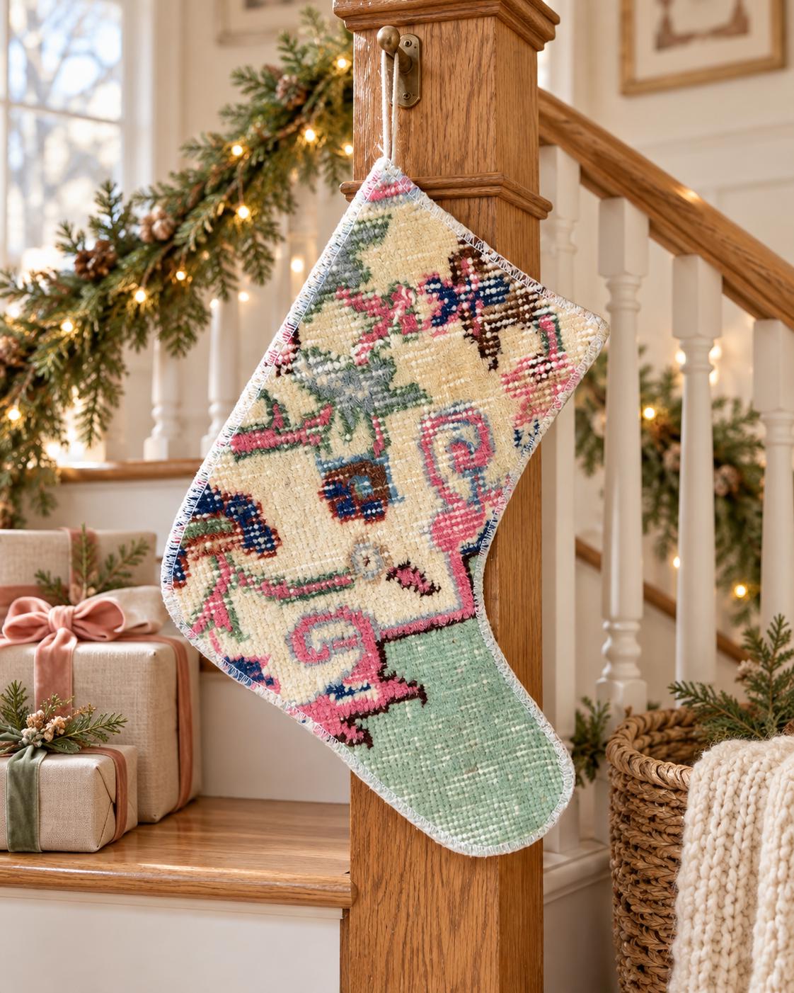 Christmas Stocking, Vintage Turkish Rug, Floral Ivory Pink Mint Green, 11 in in ivory, pink, green, right-side pattern detail