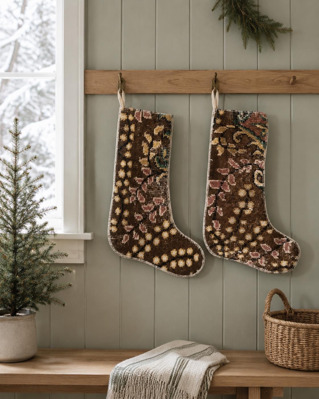 Handmade Turkish Rug Christmas Stocking Set, Vintage Anatolian Wool, Brown Fireplace Decor (Set of 2)