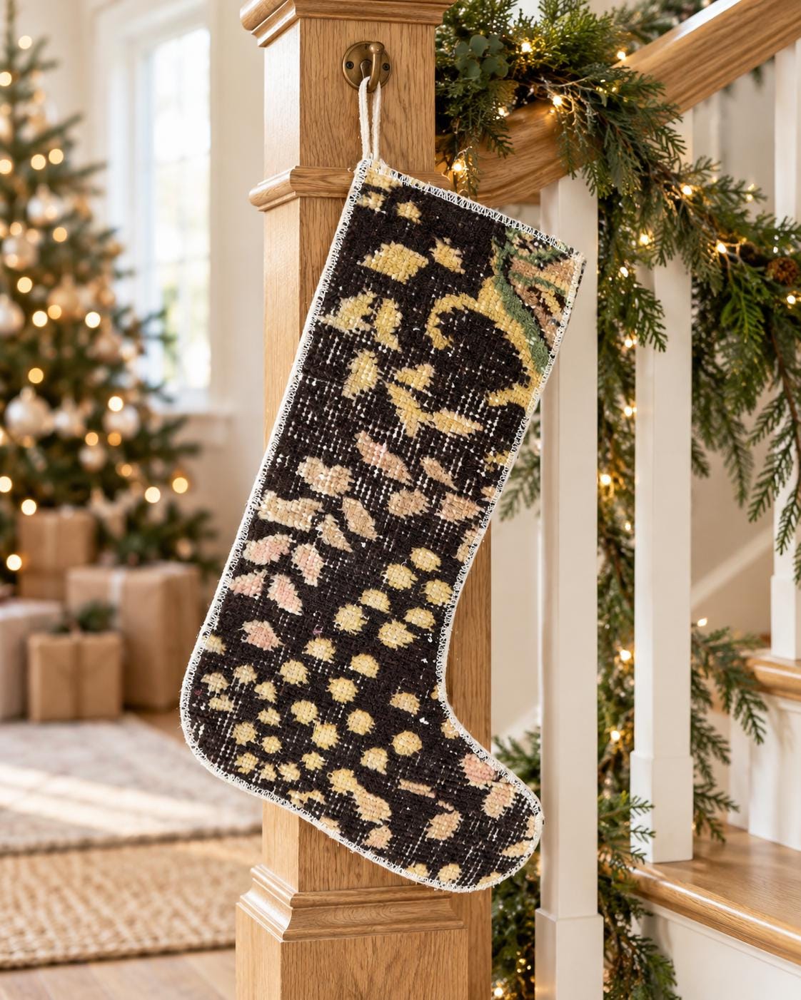 Vintage Turkish Rug Christmas Stocking, Espresso Brown Mustard Gold, Blush Olive Floral, 12.2x18.1 in