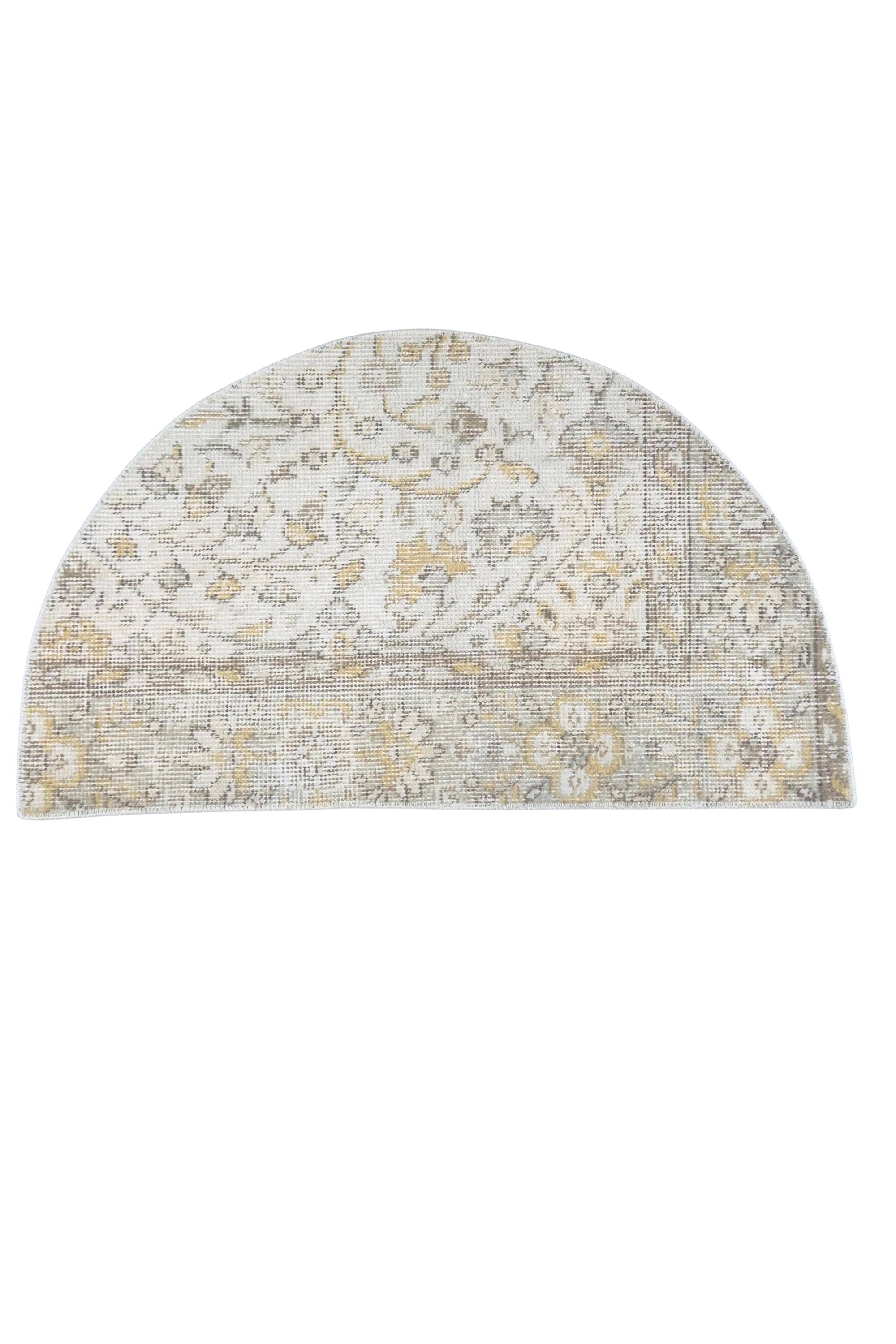 Vintage Turkish Semicircle Rug, Handwoven Wool Floral, Ivory White Gold Gray, 1.6x2.77 ft – view 3