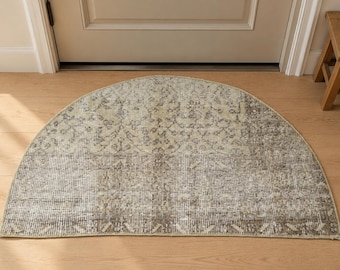 Tappeto Turco a Mezzaluna Vintage, Albero della Vita Tessuto a Mano, Taupe Avorio Sbiadito, 1.6x2.7 ft