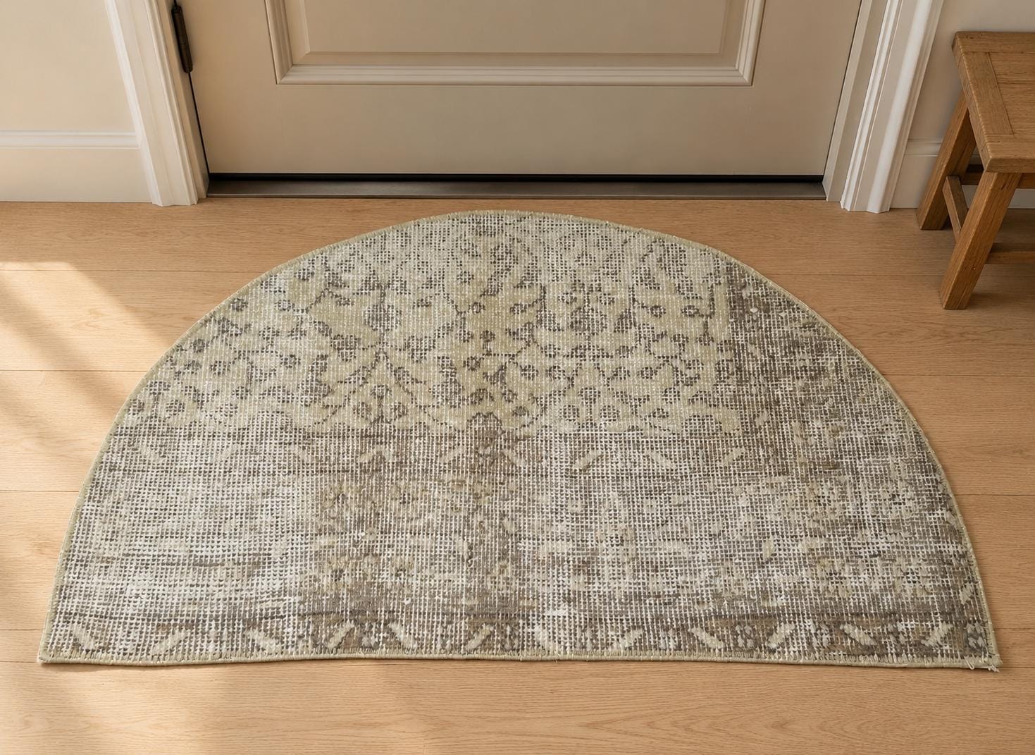Vintage Turkish Semicircle Rug, Handwoven Wool Tree of Life, Faded Taupe Ivory, 1.6x2.7 ft