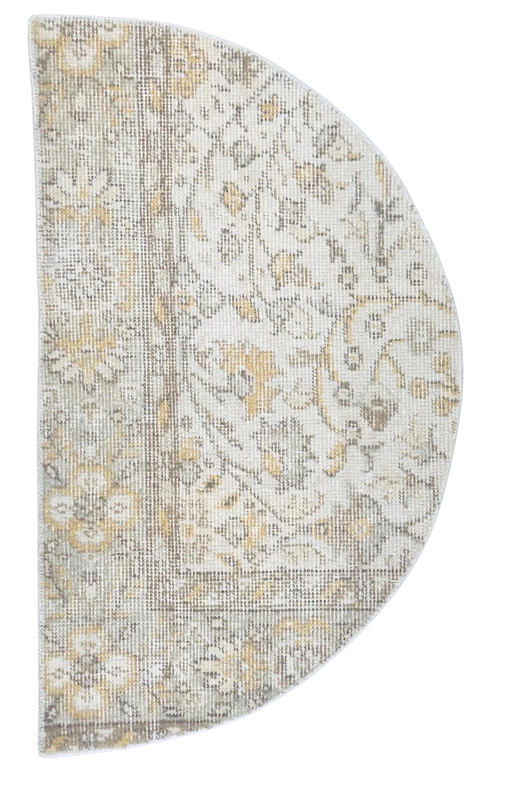 Vintage Turkish Semicircle Rug, Handwoven Wool Floral, Ivory White Gold Gray, 1.6x2.77 ft – view 4