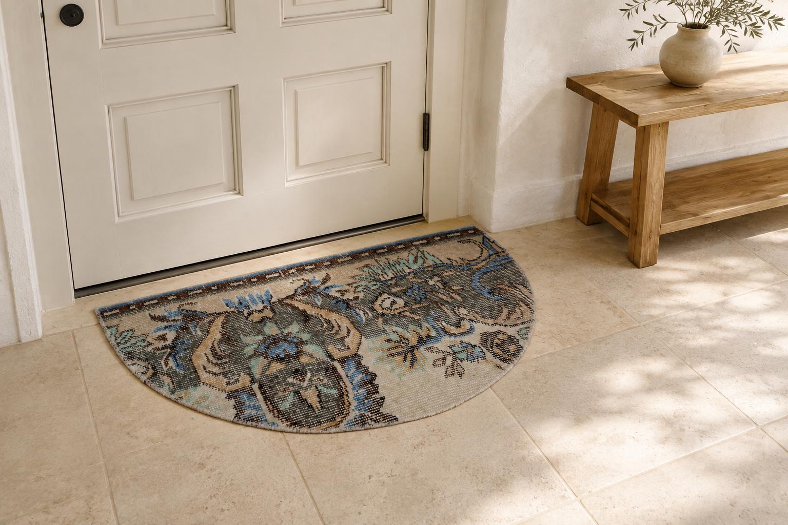 Vintage Turkish Semicircle Rug, Handwoven Wool Floral Spray Medallion, Sage Green Cream, 1.6x2.7 ft