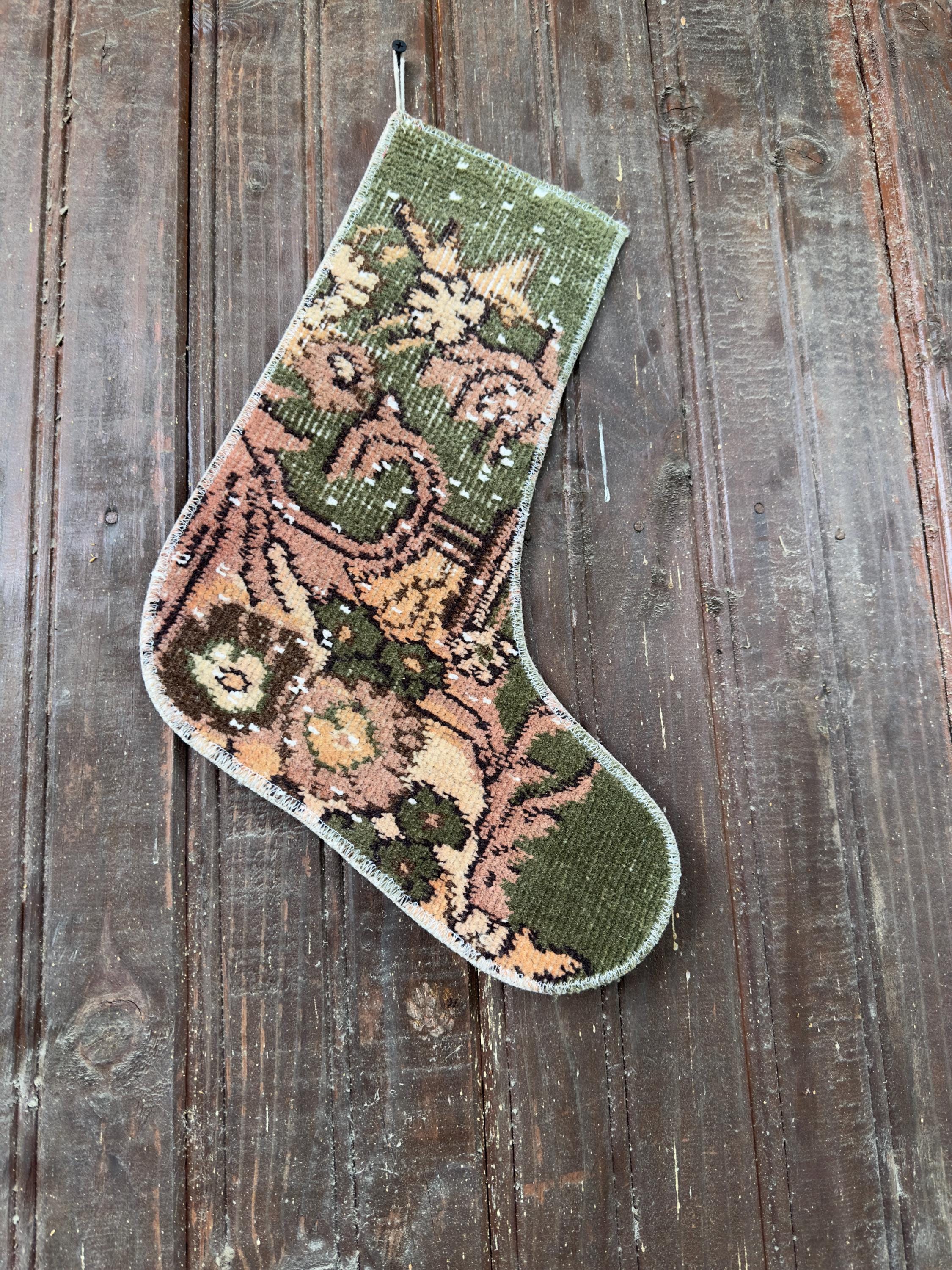 Vintage Turkish Rug Christmas Stocking, Rustic Olive Green Floral, Terracotta Rose Peach, 12.6x15 in – view 4