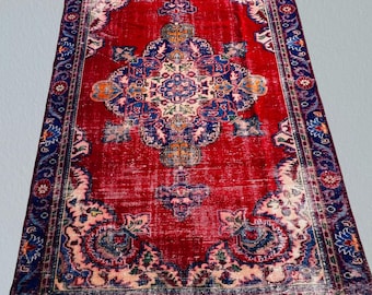 Large Blue red rug,handwoven vintage rug,livingroom rug,decorative home gift rug,Turkish rug,antique rug,area rug,oushak rug,oriental rug