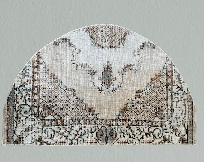 Vintage Turkish Wool Rug: Semicircle Doormat, Handmade 2x4 Ft