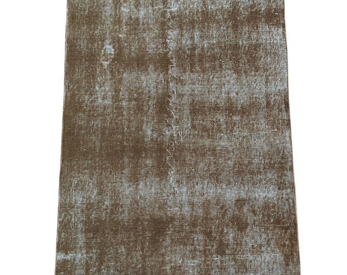 Vintage Turkish Rug, Hand Knotted Wool Solid, Distressed Mocha Brown, 3.1x3.6 ft